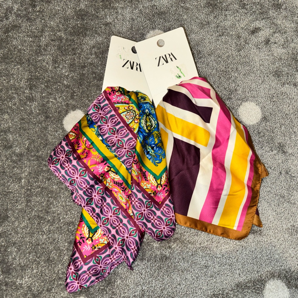 TWO Zara Multicolor Silk Scarves-Pink, Yellow, Brown, Purple